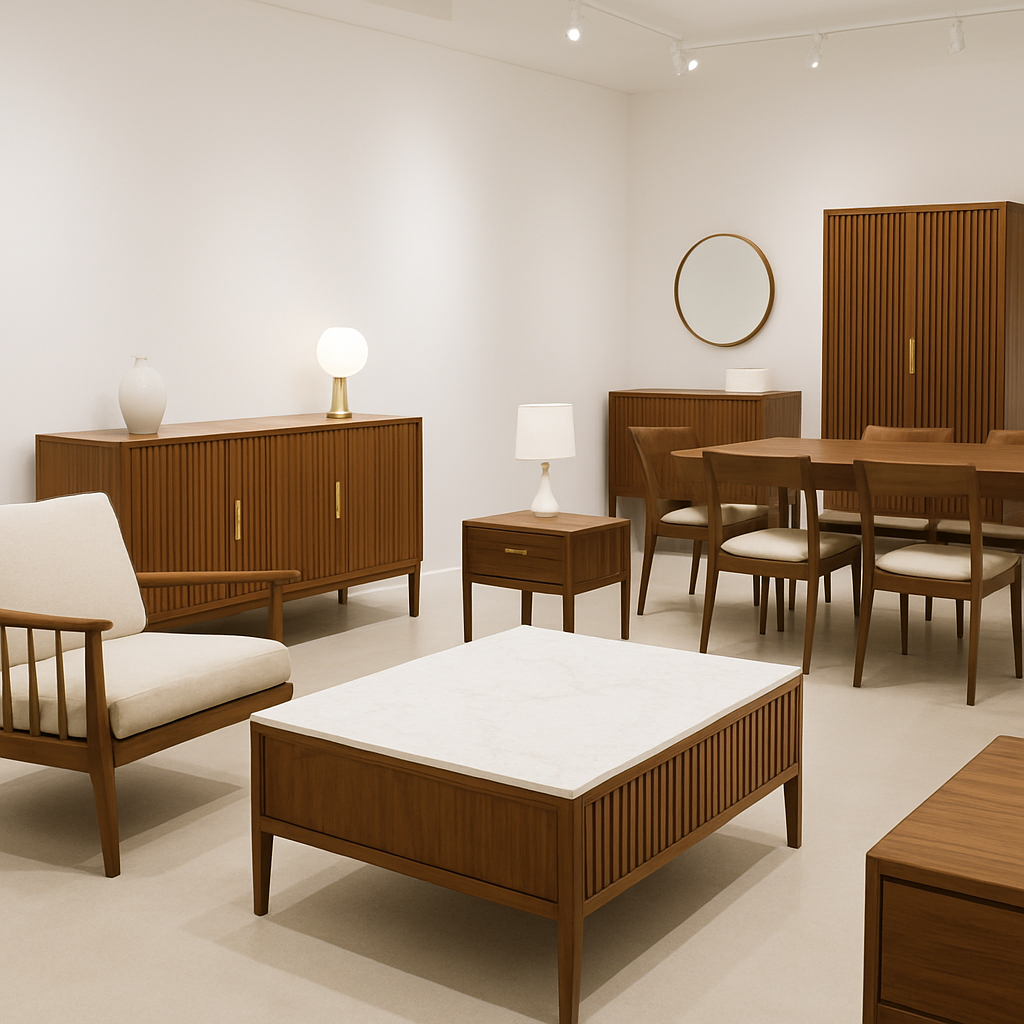A Modern Classic Furniture showroom, styled with warm wood tones and tailored upholstery